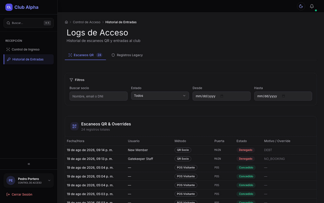 Logs de acceso y transacciones POS en Club Pulse con método, puerta y estado de cada registro.