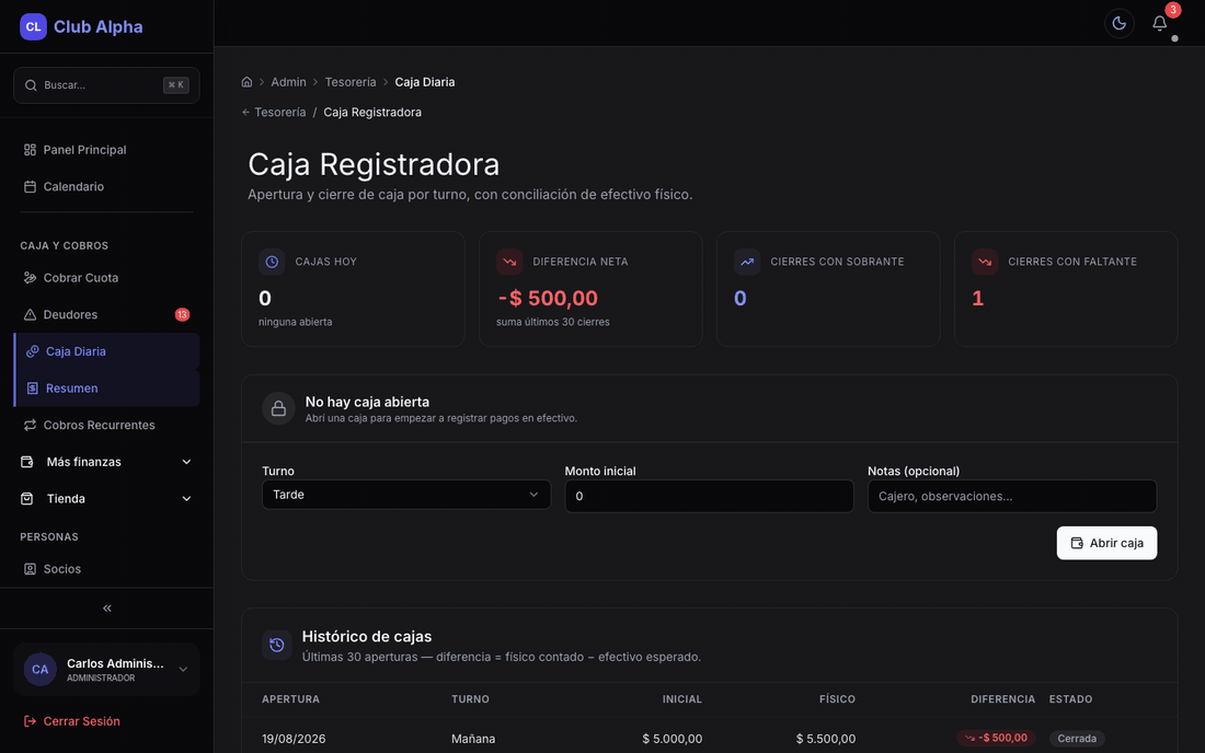 Caja registradora en Club Pulse con apertura, cierre y arqueo de efectivo.