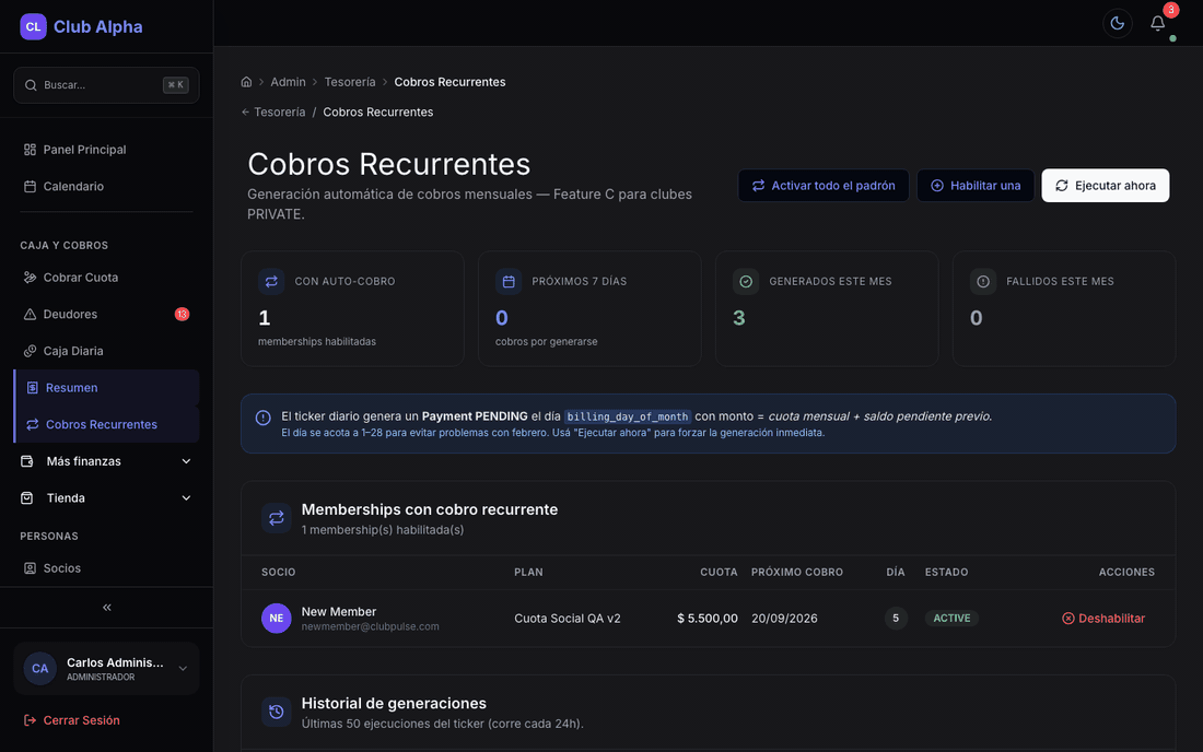 Cobros recurrentes en Club Pulse con débitos automáticos del padrón.