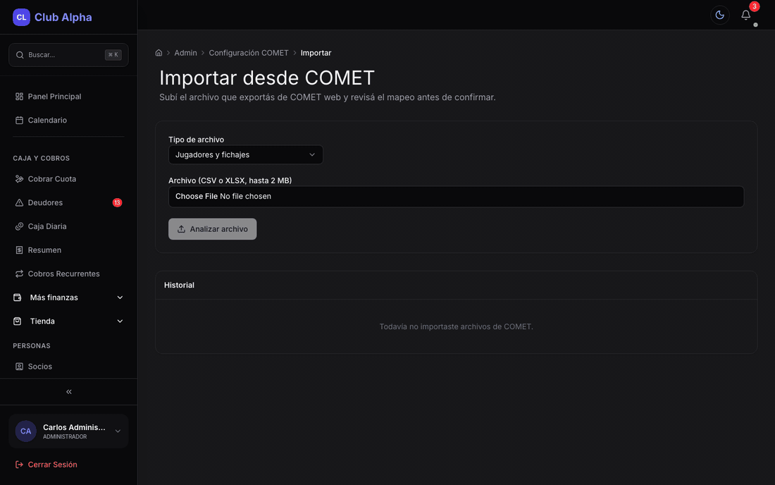 Importación COMET en Club Pulse con preview de jugadores.