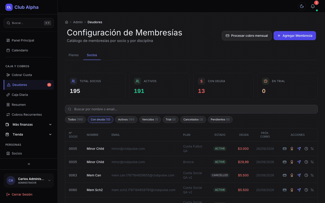 Listado de deudores en Club Pulse con saldos pendientes y recordatorios.