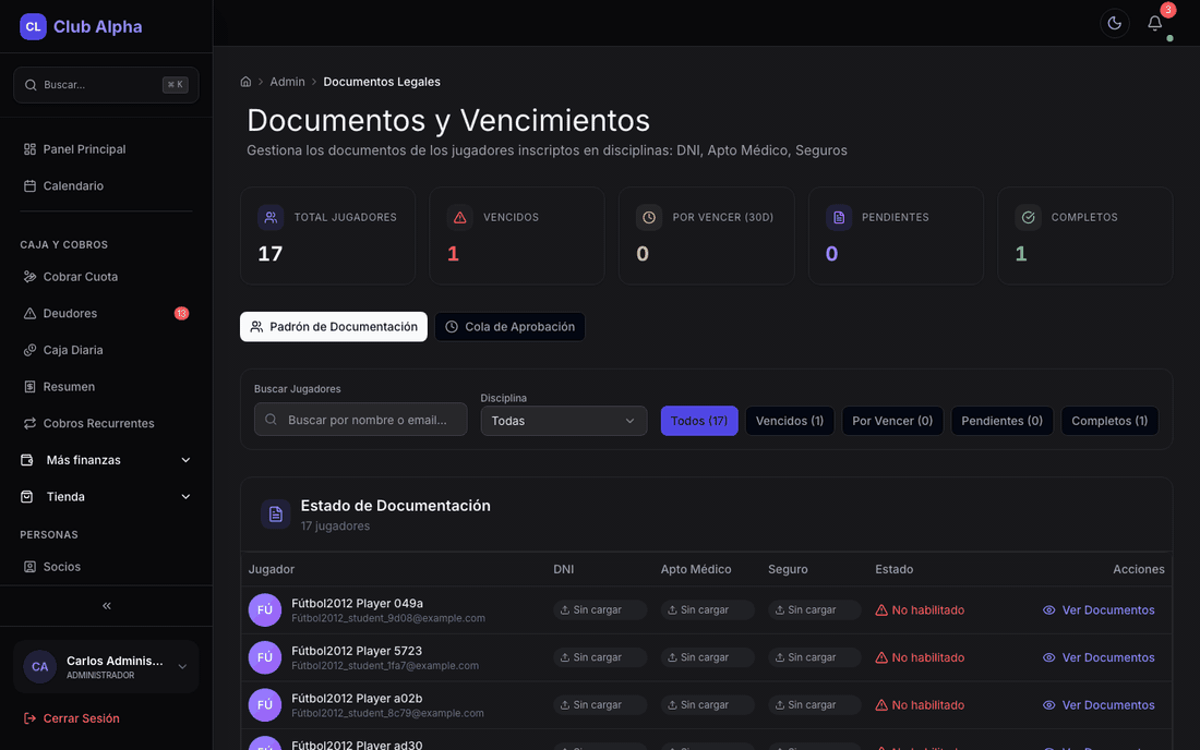 Documentos y vencimientos del club en Club Pulse con estado por socio.