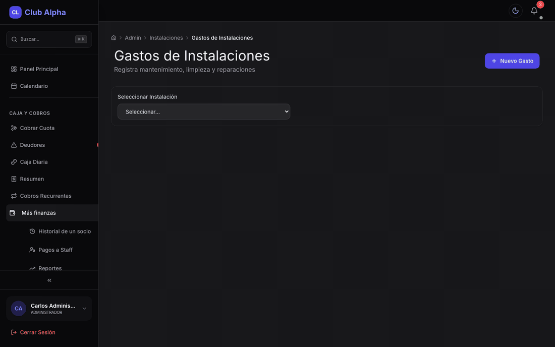 Gastos de instalaciones en Club Pulse con mantenimiento por cancha.