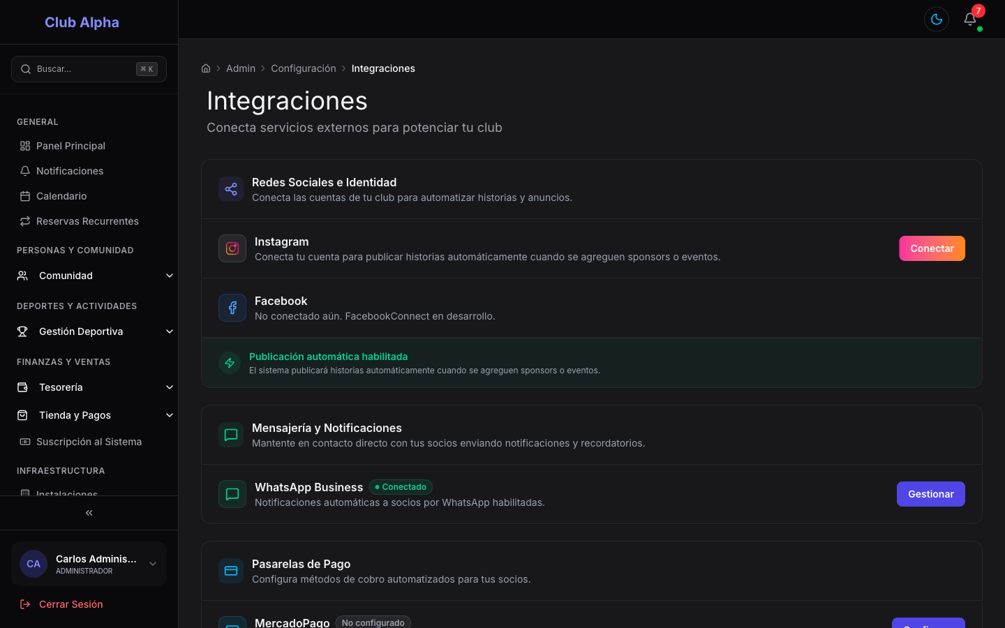 Panel de Integraciones de Club Pulse con MercadoPago, WhatsApp, Instagram y otros servicios conectables.