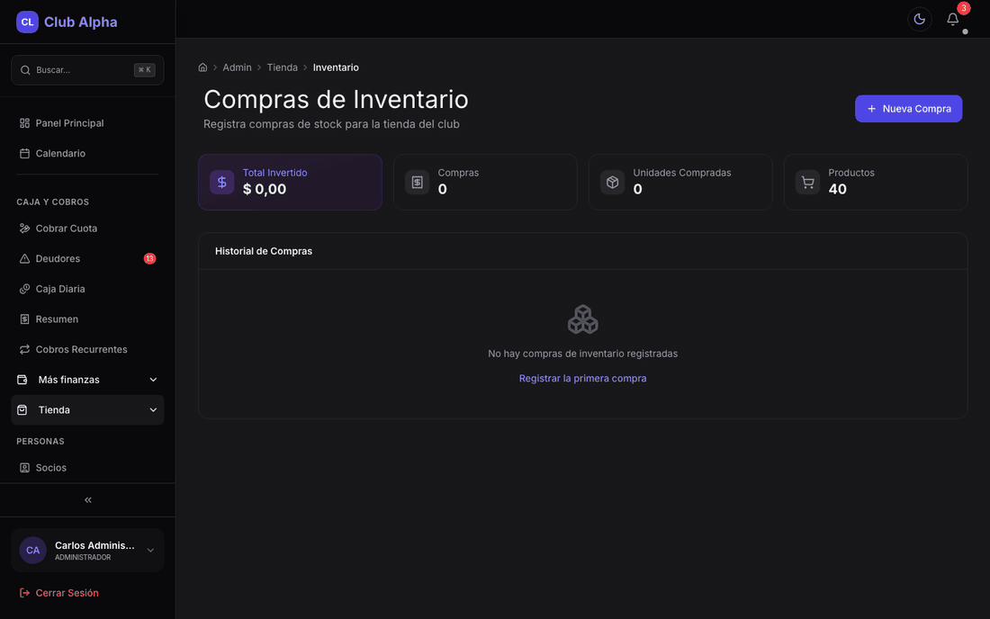 Inventario de tienda en Club Pulse con compras de stock.