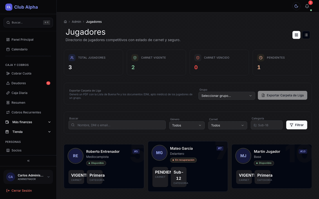 Jugadores del club en Club Pulse con padrón deportivo.