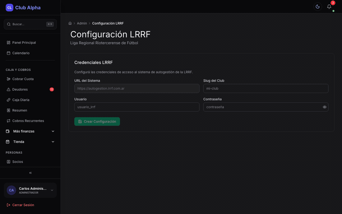 Configuración LRRF en Club Pulse con credenciales de la liga.