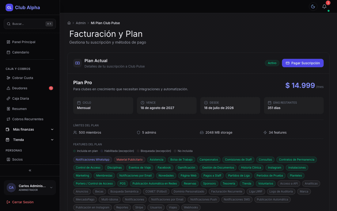 Plan Club Pulse del administrador con suscripción SaaS.
