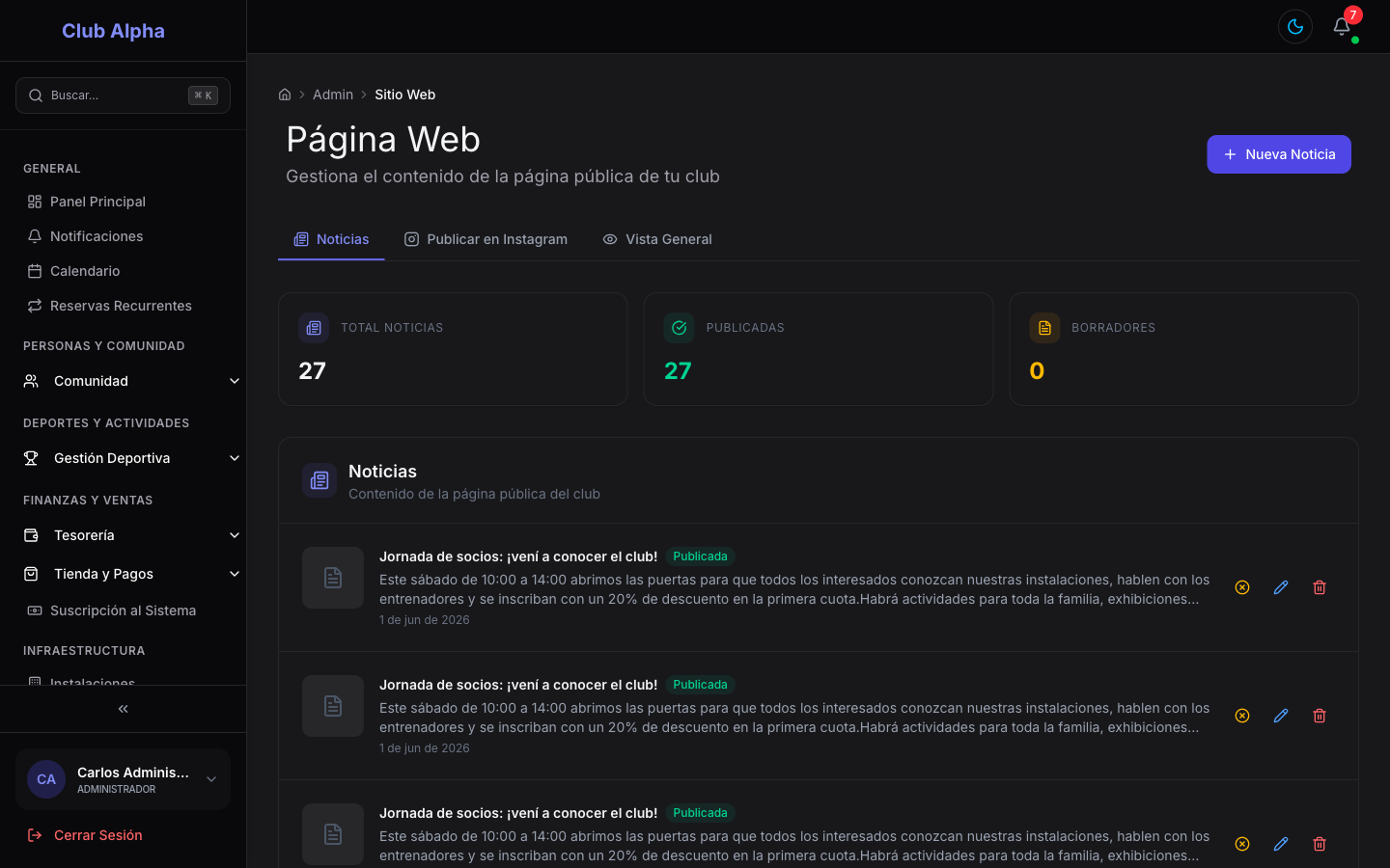 Panel de Página Web del Club en Club Pulse con los tabs de Noticias, Instagram y Vista General.