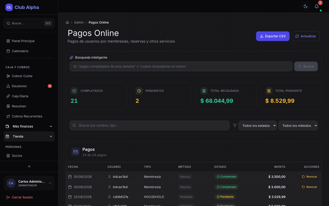 Pagos online en Club Pulse con transacciones MercadoPago.