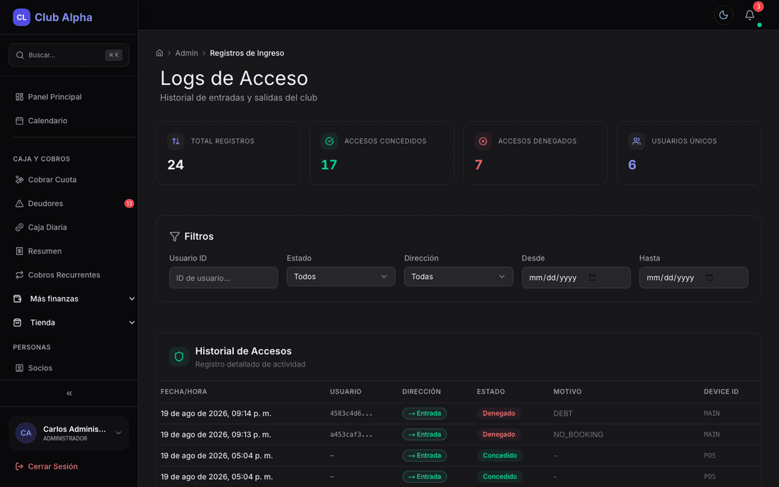 Registros de ingreso en Club Pulse con historial de accesos al club.