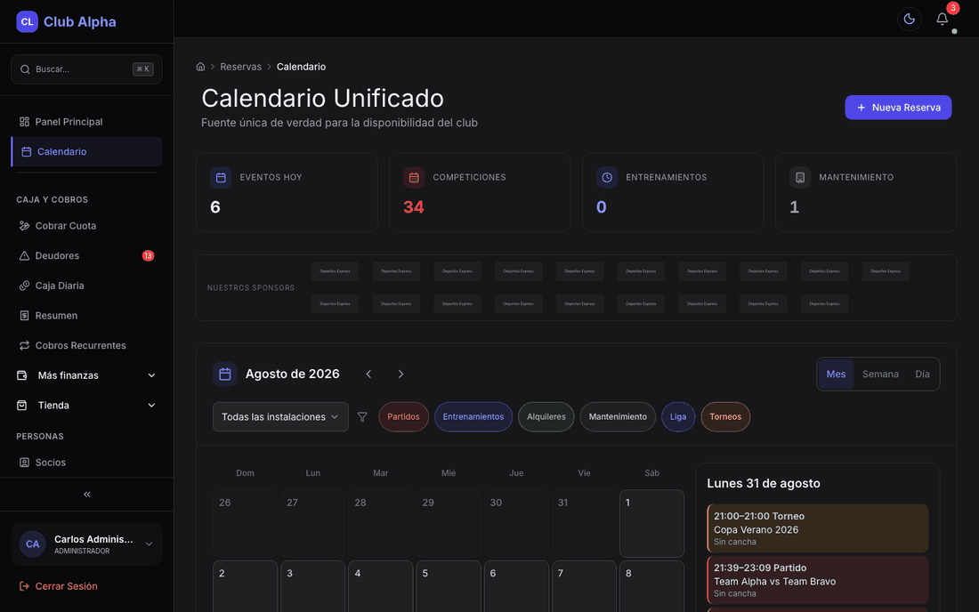 Calendario de reservas de Club Pulse con las reservas del club por instalación y franja horaria.