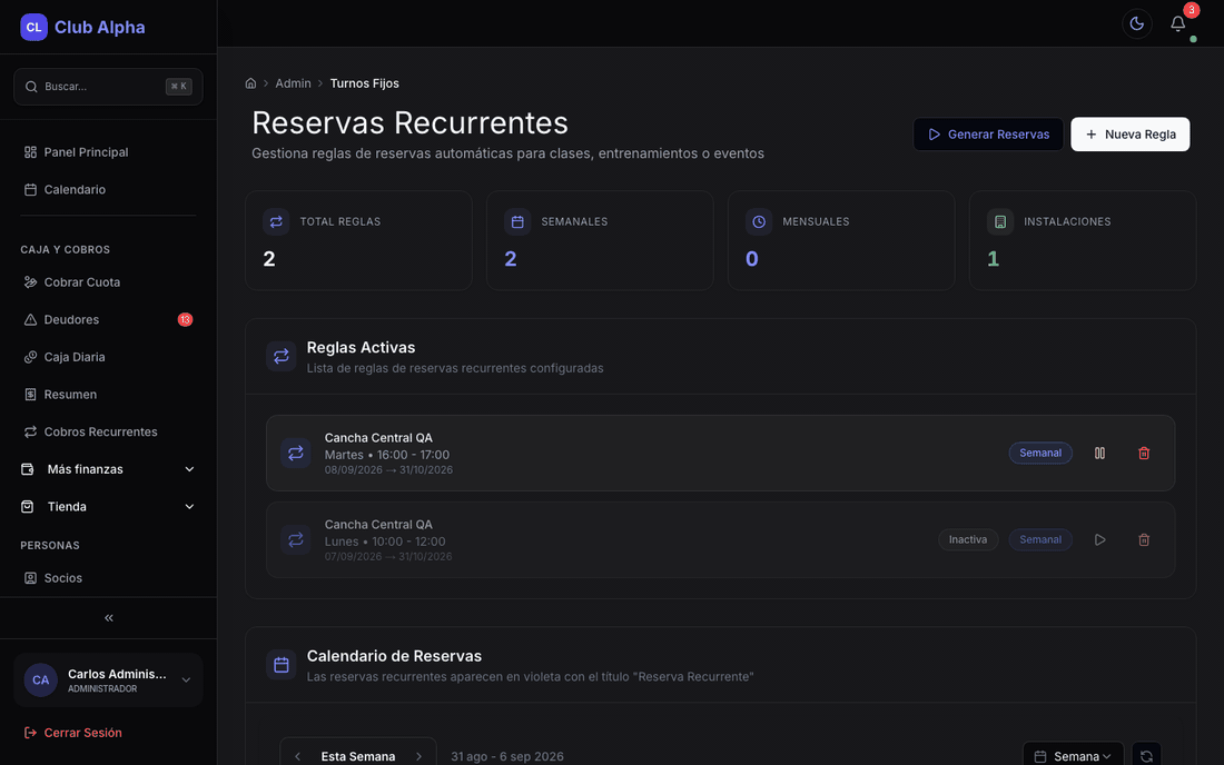 Turnos recurrentes en Club Pulse con reservas fijas por instalación.