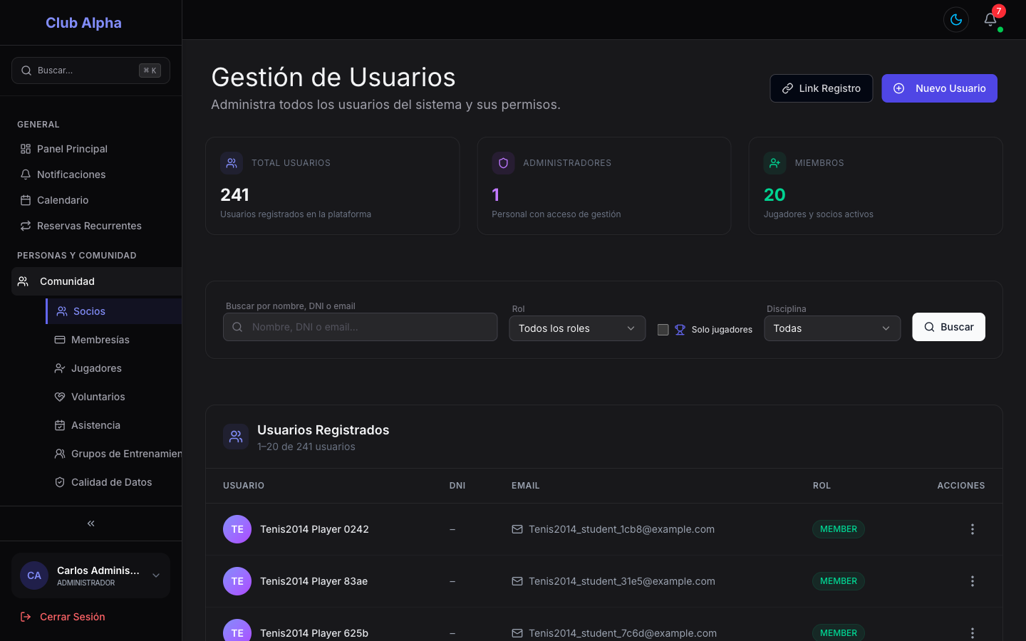 Listado de usuarios del club en Club Pulse con filtros por rol y estado.