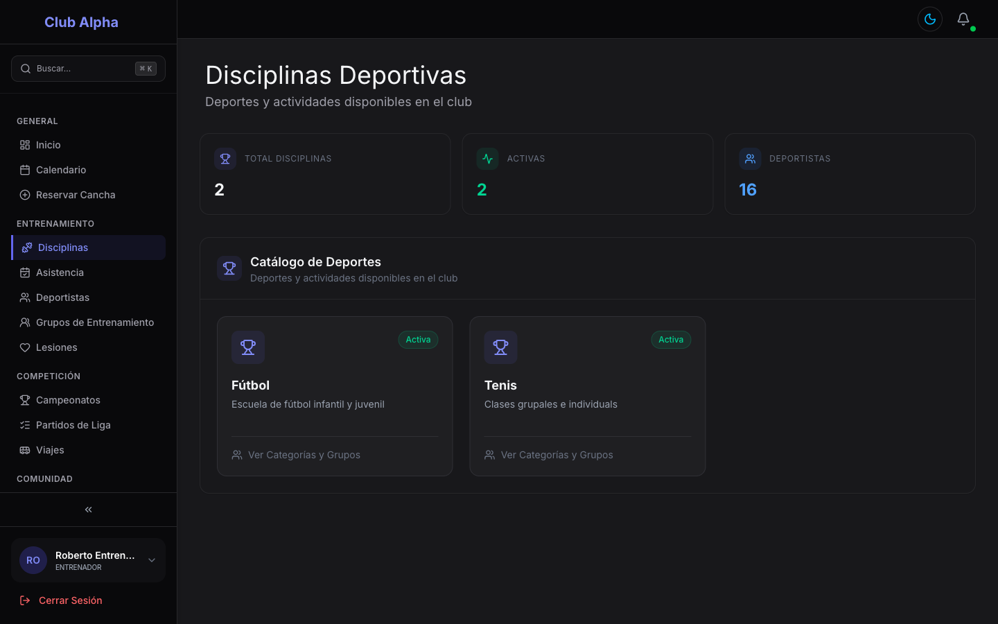 Disciplinas deportivas asignadas al entrenador en Club Pulse, con sus grupos y deportistas.