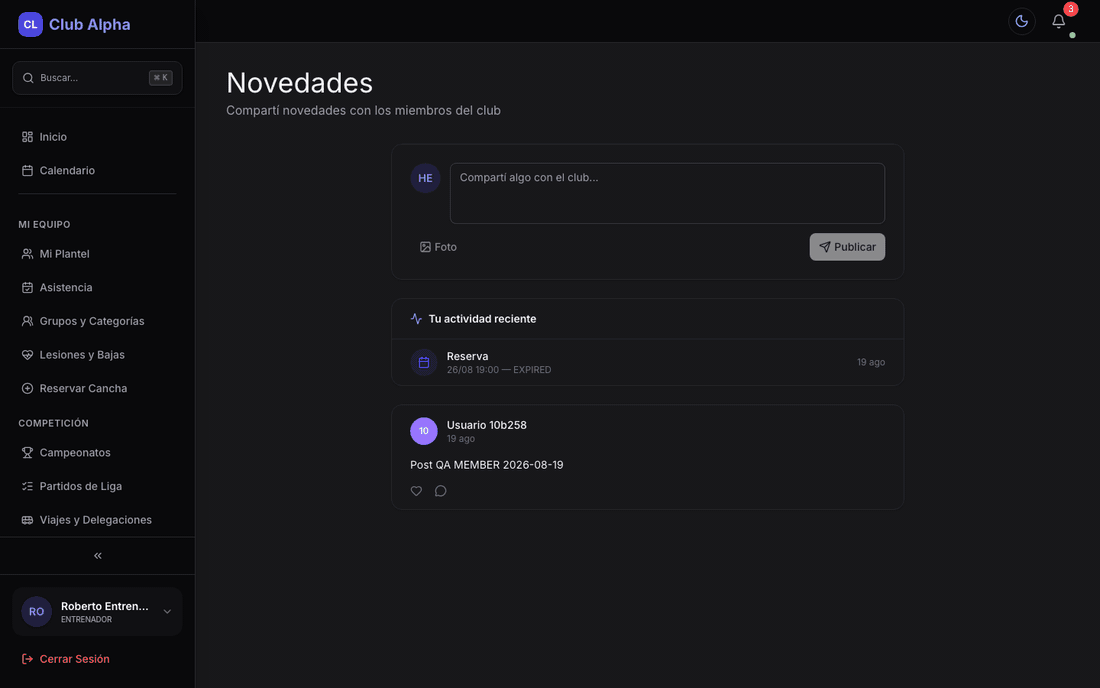 Novedades del entrenador en Club Pulse con feed interno del club.