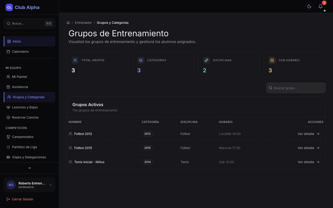 Grupos de entrenamiento del entrenador en Club Pulse con sus jugadores y sesiones.