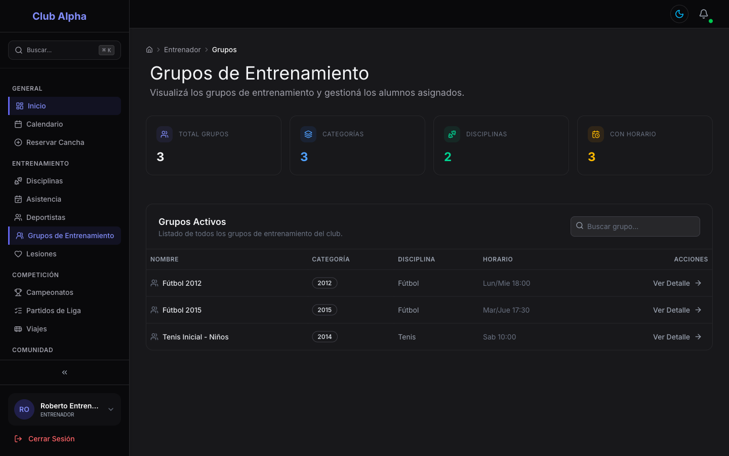 Grupos de entrenamiento del entrenador en Club Pulse con sus jugadores y sesiones.