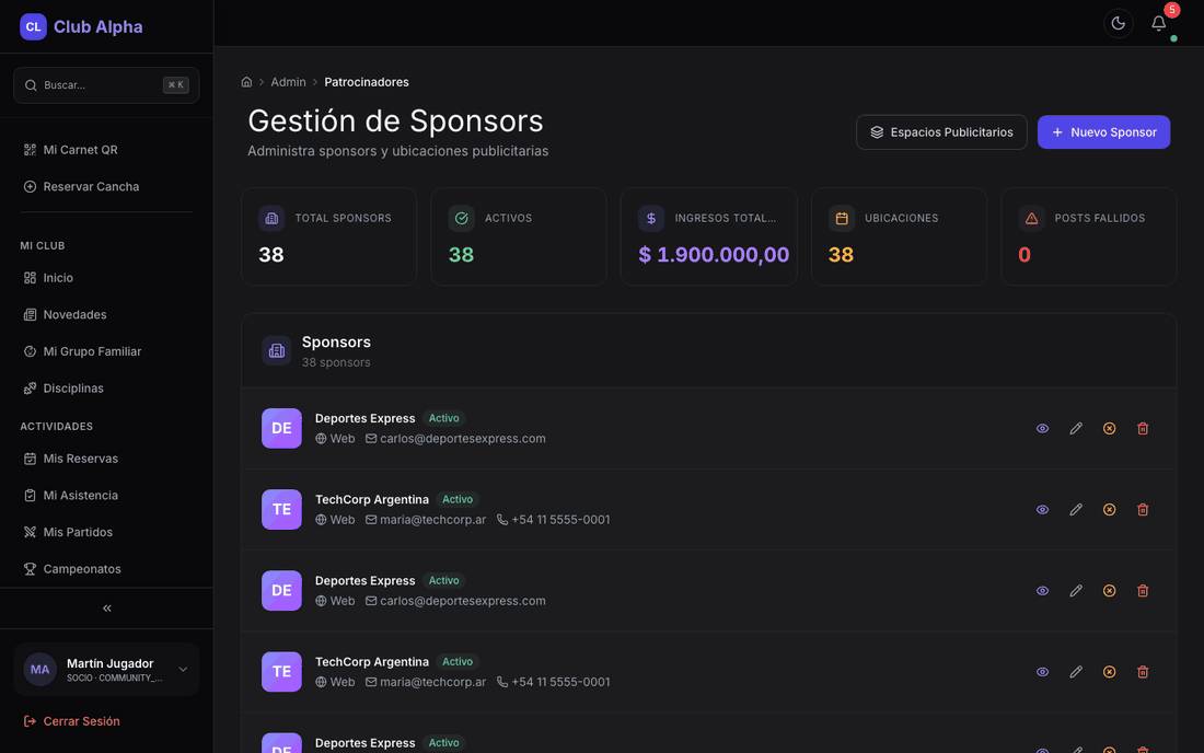 Gestión de patrocinadores del Community Manager en Club Pulse.