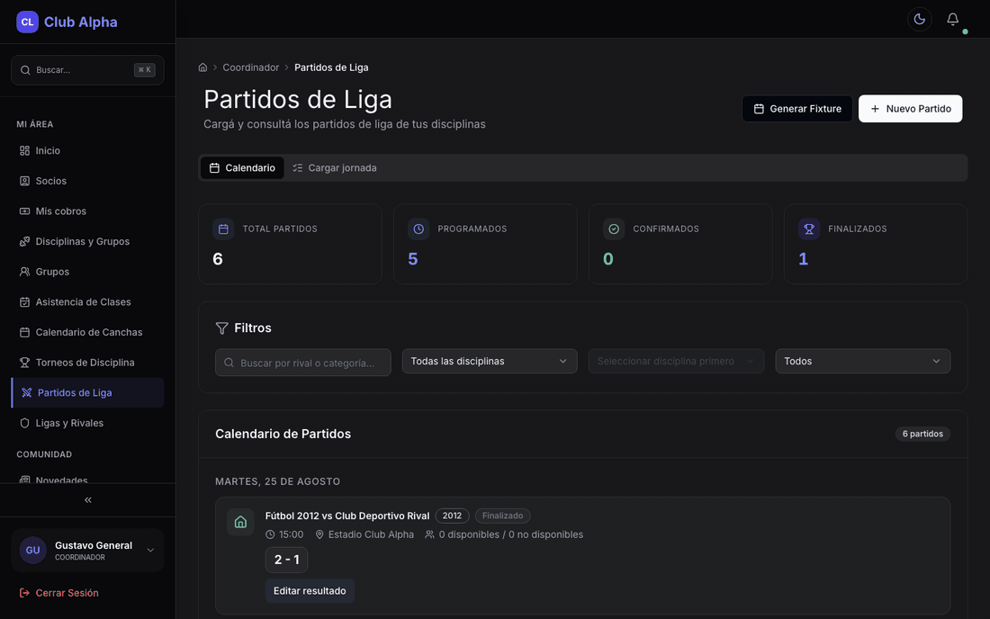 Partidos de liga del coordinador en Club Pulse con fixture y resultados.