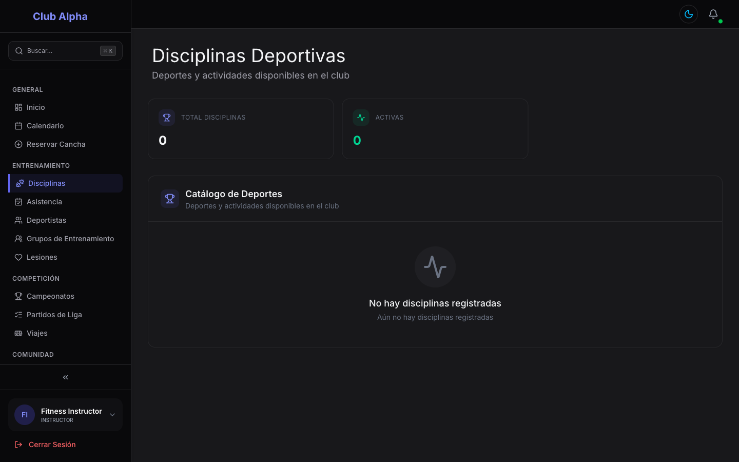 Disciplinas asignadas al instructor en Club Pulse con su catálogo de deportes.