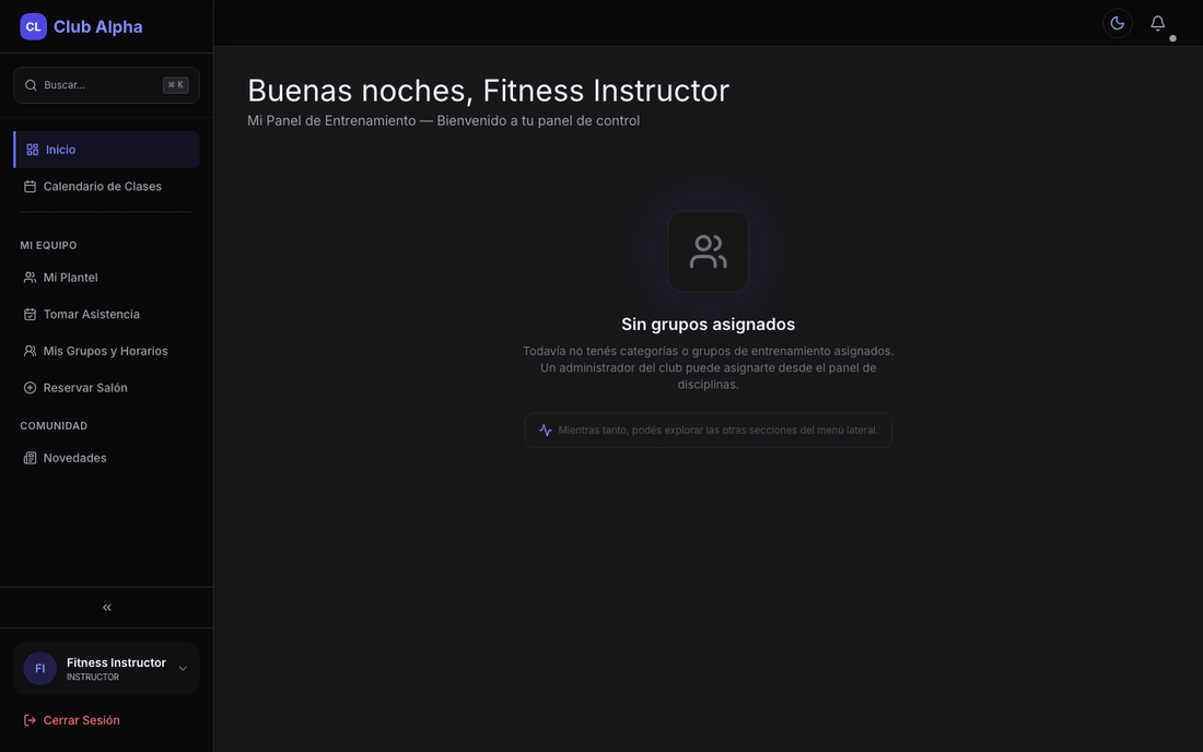 Inicio del instructor en Club Pulse con panel de entrenamiento y agenda del día.