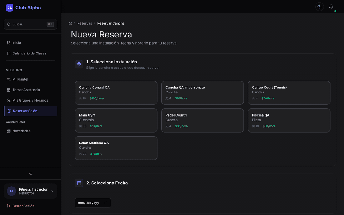 Reserva de salón del instructor en Club Pulse con selector de espacio.