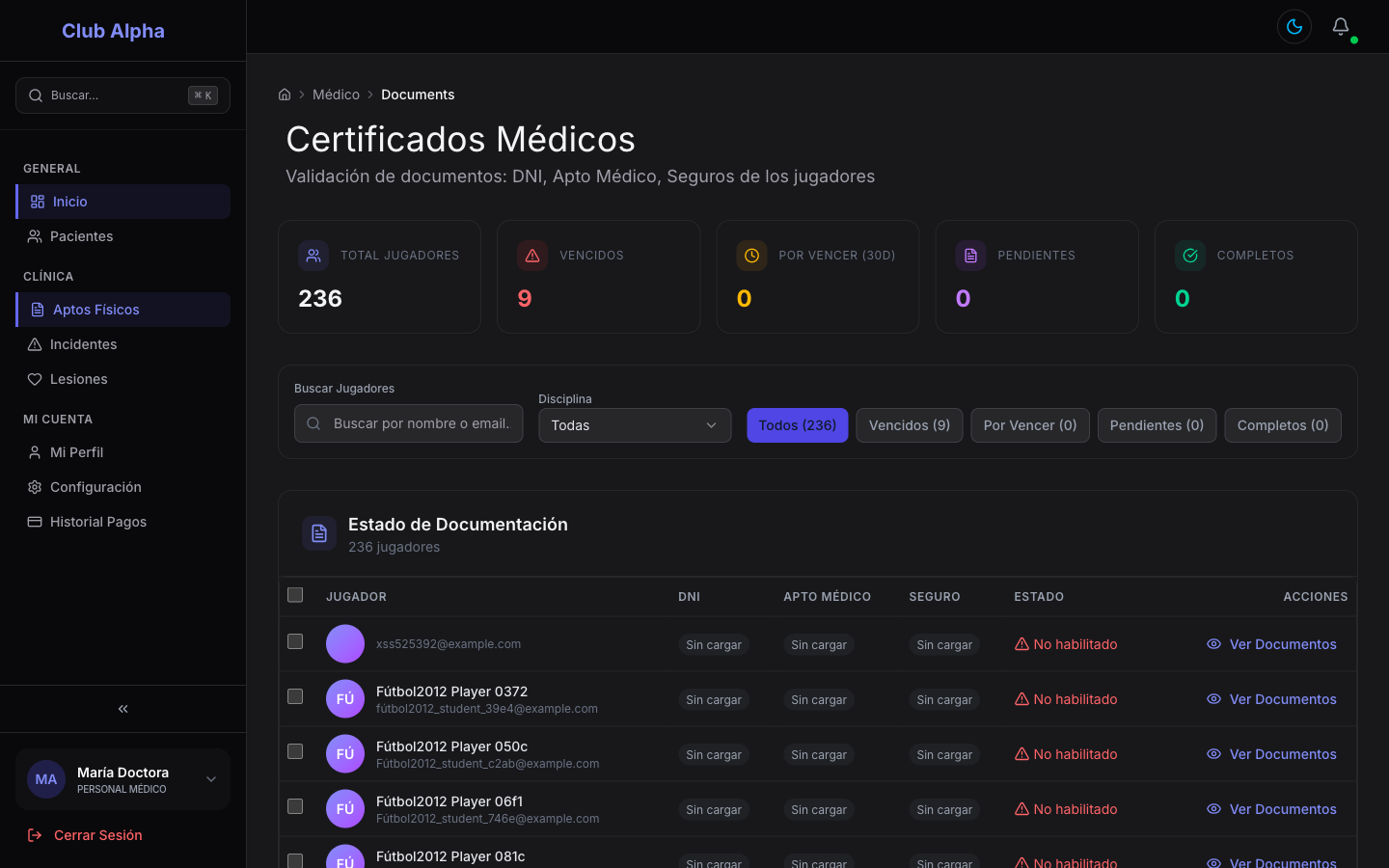 Certificados médicos en Club Pulse con estado de vigencia por jugador.