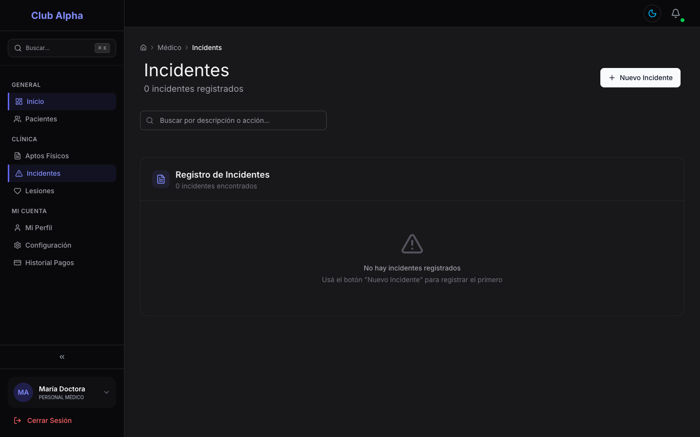 Registro de incidentes médicos en Club Pulse con búsqueda y botón para registrar uno nuevo.