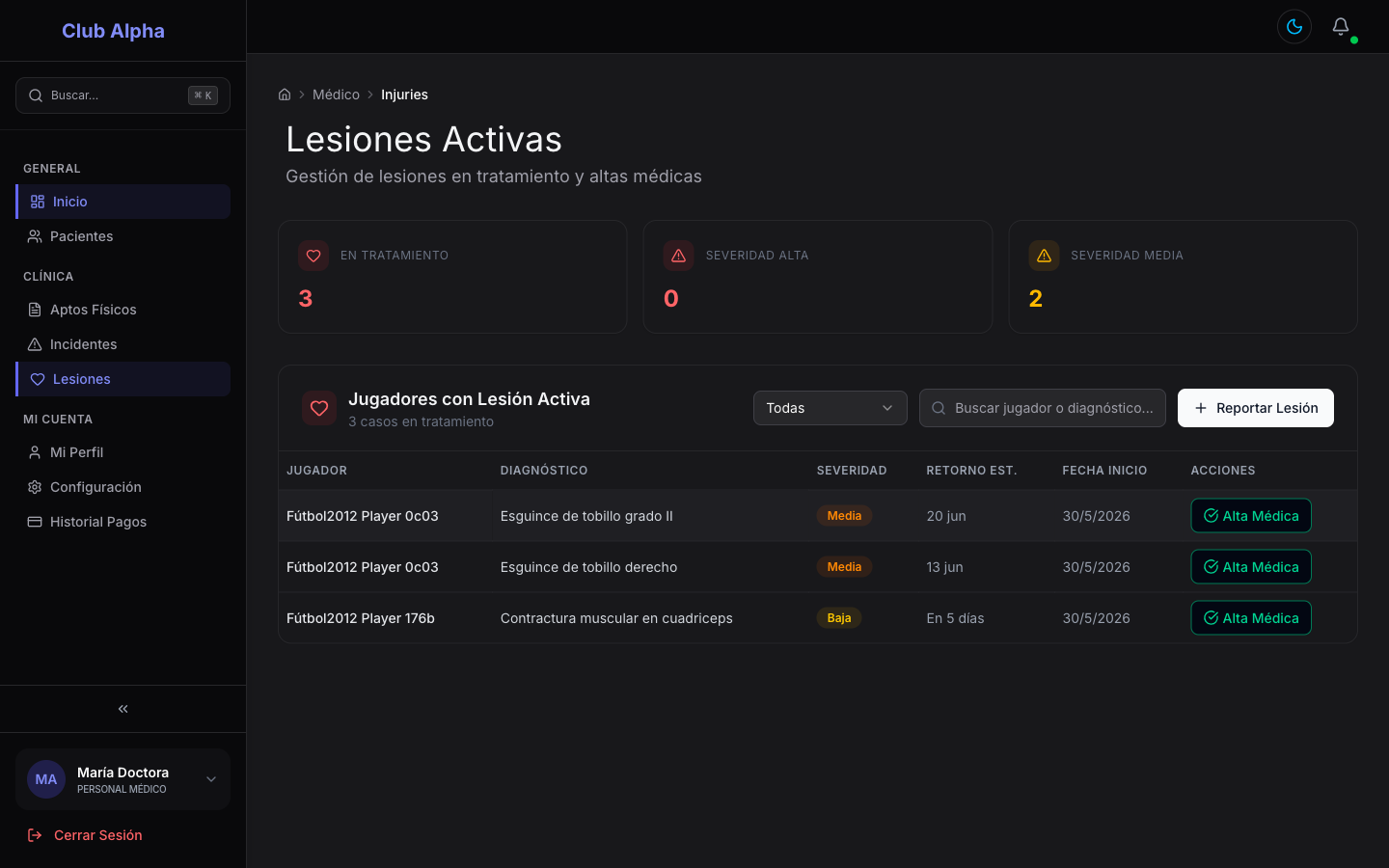 Listado de lesiones activas en Club Pulse con diagnóstico y seguimiento de cada jugador.