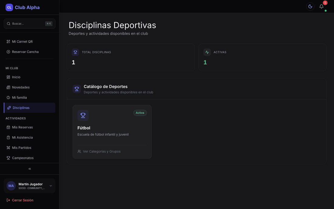 Disciplinas del socio en Club Pulse con deportes y categorías del club.