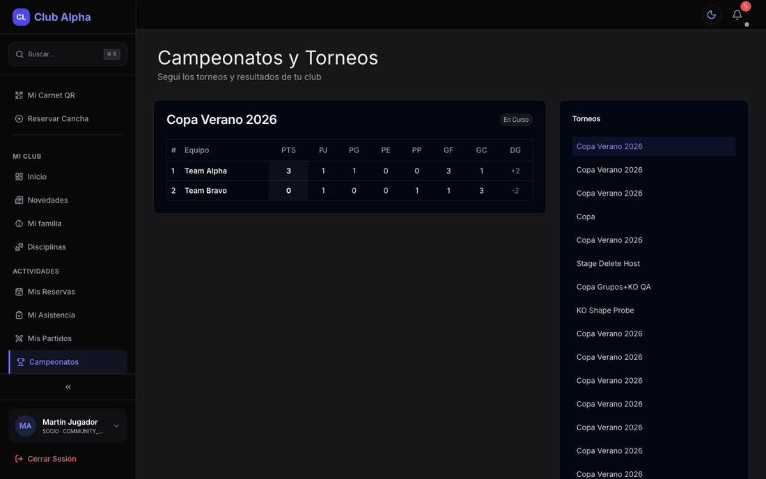 Campeonatos y torneos vistos por el socio en Club Pulse, con tabla de posiciones y fixture.