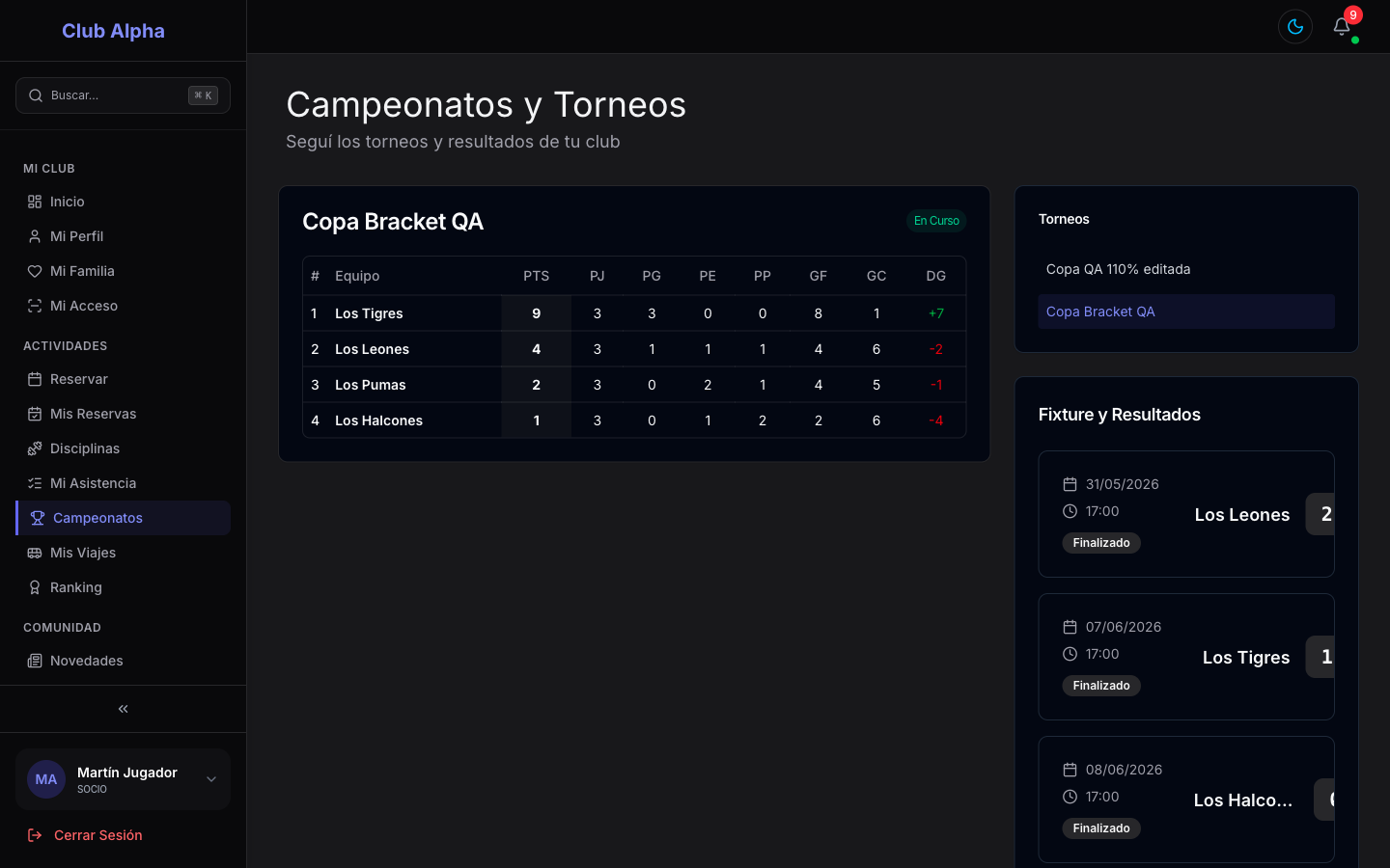 Campeonatos y torneos vistos por el socio en Club Pulse, con tabla de posiciones y fixture.