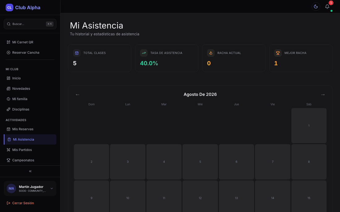 Mi Asistencia del socio en Club Pulse con estadísticas y calendario heatmap.