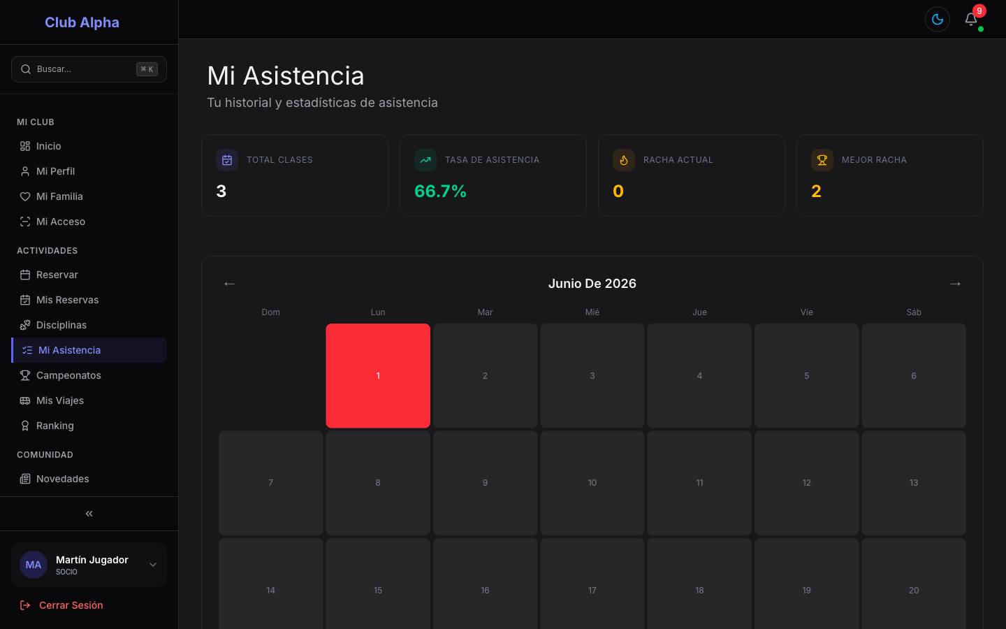 Mi Asistencia del socio en Club Pulse con estadísticas y calendario heatmap.