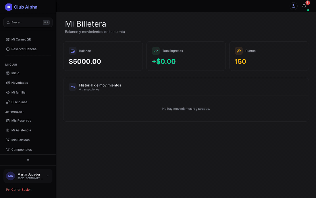 Mi saldo del socio en Club Pulse con billetera y movimientos.