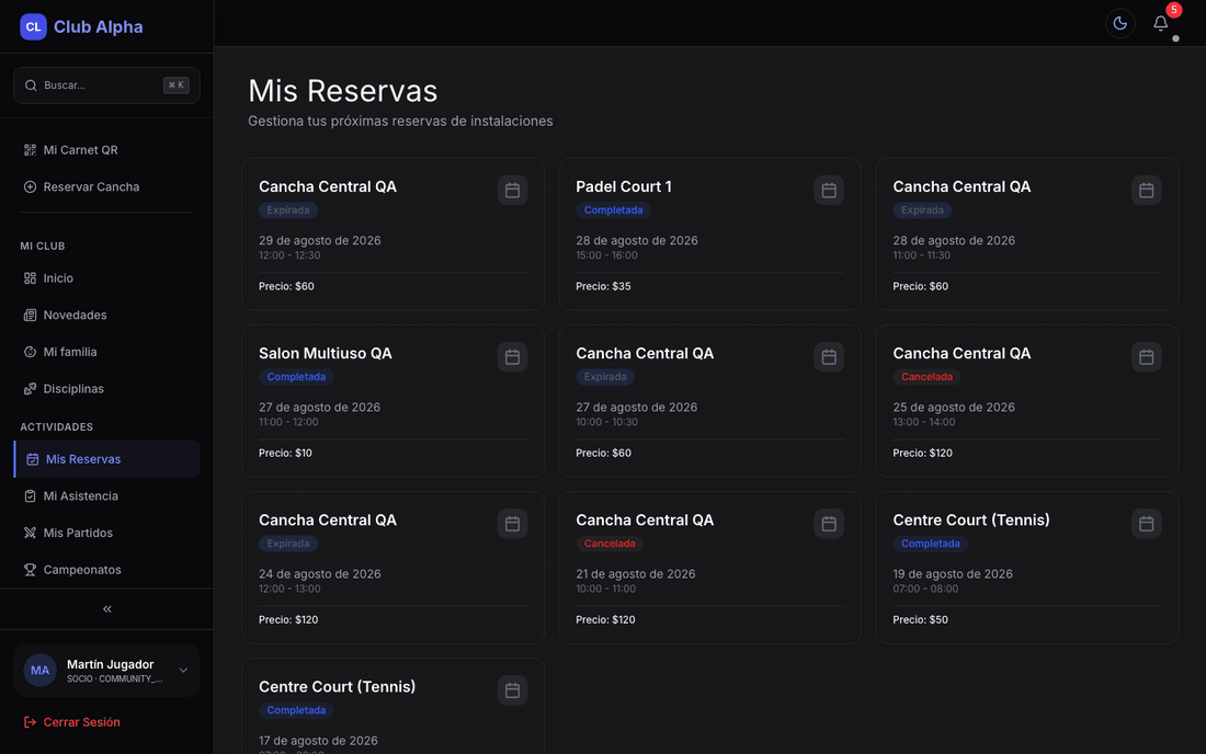 Mis Reservas del socio en Club Pulse con tarjetas de reservas y su estado.
