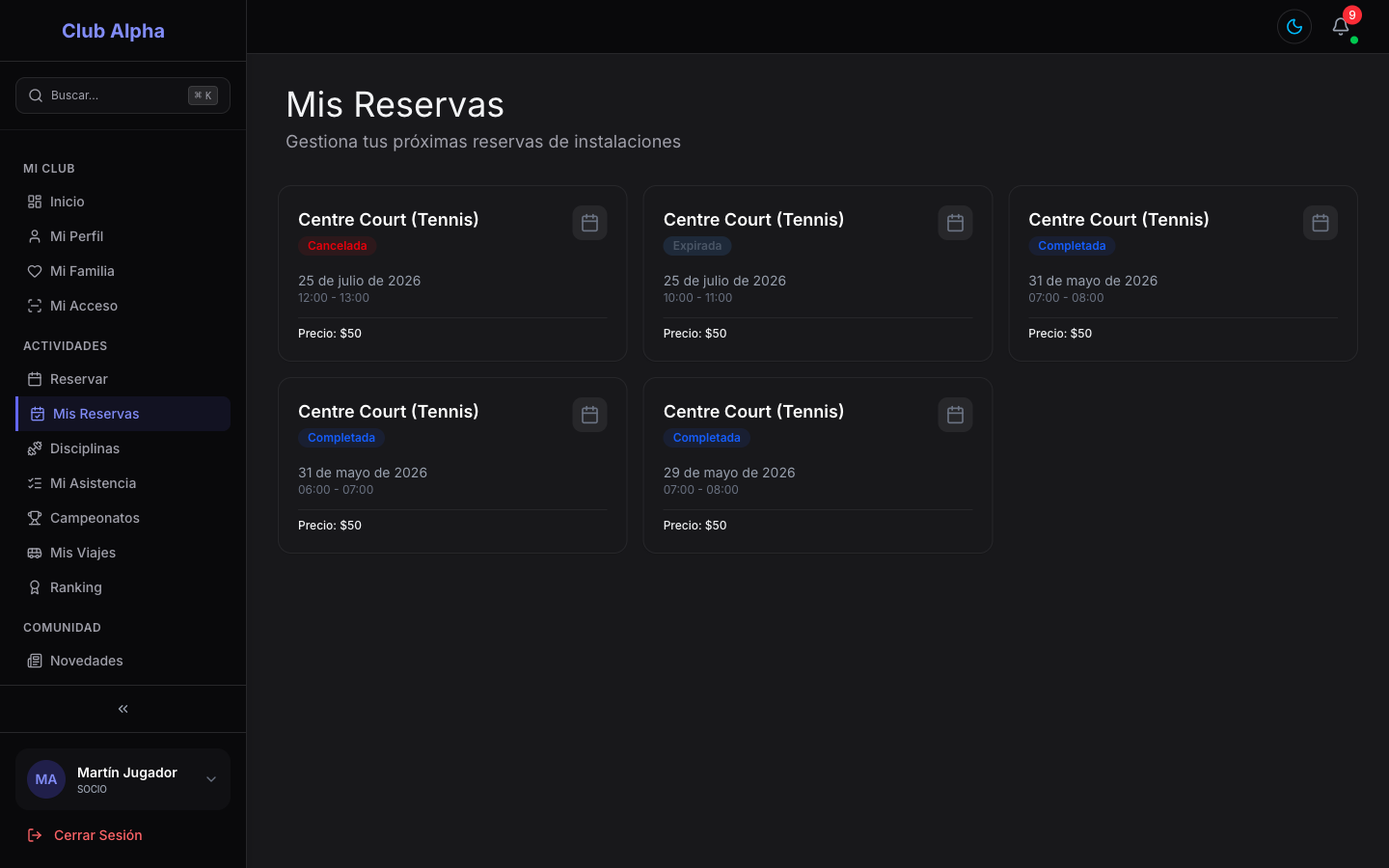 Mis Reservas del socio en Club Pulse con tarjetas de reservas y su estado.