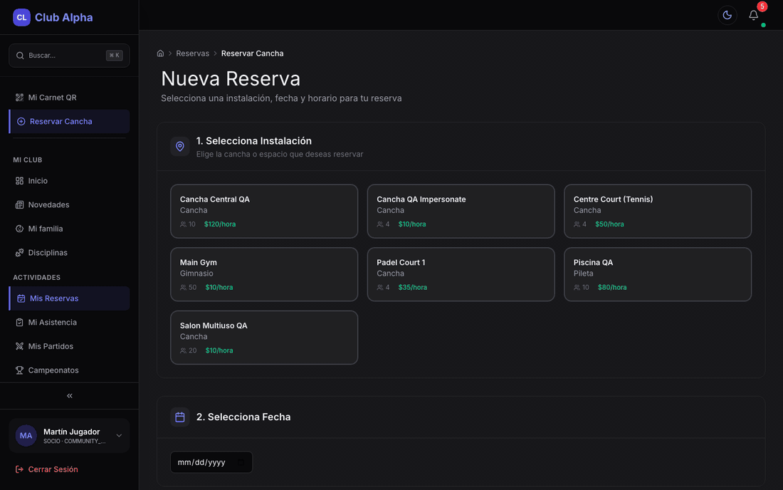 Reserva de cancha del socio en Club Pulse con selector de instalación.